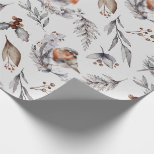 Papier Cadeau Aquarelle Robin d'hiver Noël