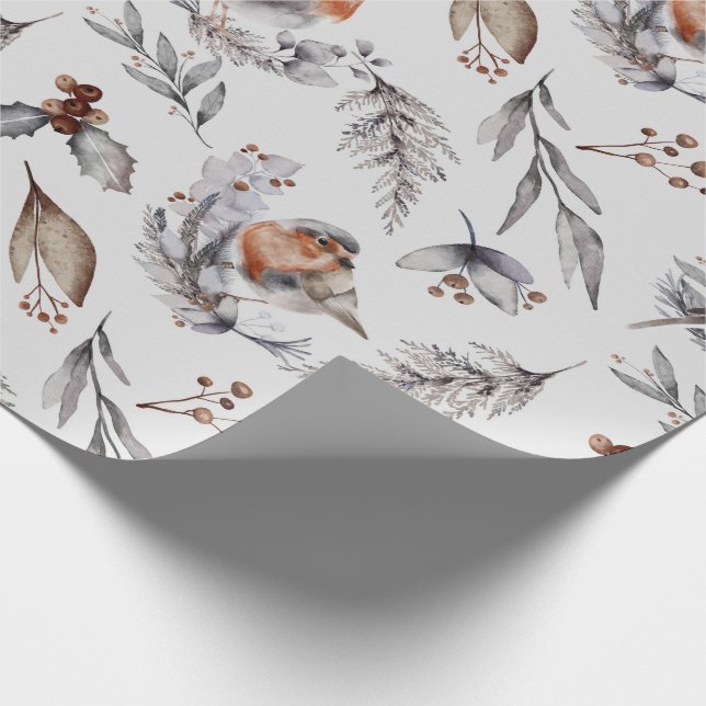 Papier Cadeau Aquarelle Robin d'hiver Noël (Coin)