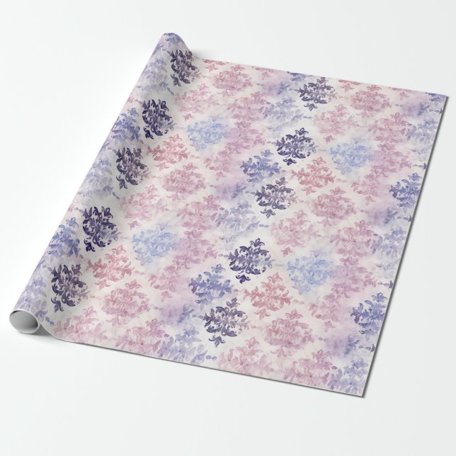 Papier Cadeau Aquarelle romantique violet Damas (Déroulé)