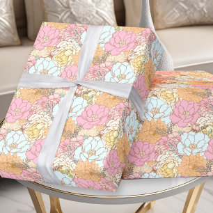Papier Cadeau Aquarelle rose Bleu Orange Pastel Motif Floral