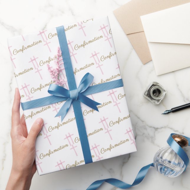 Papier Cadeau Aquarelle Rose Croix Confirmation Blanche (Cadeaux)