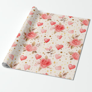 Papier Cadeau Aquarelle rose de Valentine Roses et coeurs