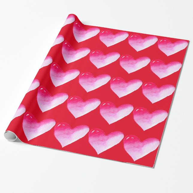Papier Cadeau Aquarelle rose et rouge coeur pop art valentine (Déroulé)
