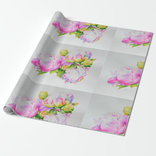Papier Cadeau Aquarelle rose fleurie rose pivoines blanc floral