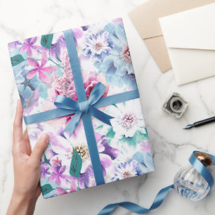 Papier Cadeau Aquarelle rose, fleurs bleues.