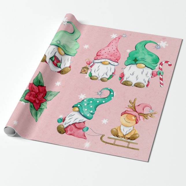 Papier Cadeau Aquarelle rose Gnomes hivernaux neige (Déroulé)
