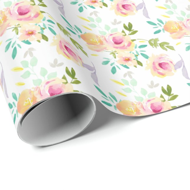 Papier Cadeau Aquarelle rose jaune jolie (Coin rond)