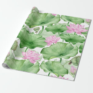 Papier Cadeau Aquarelle rose Lotus Fleurs avec grands Feuilles