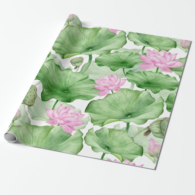 Papier Cadeau Aquarelle rose Lotus Fleurs avec grands Feuilles (Déroulé)