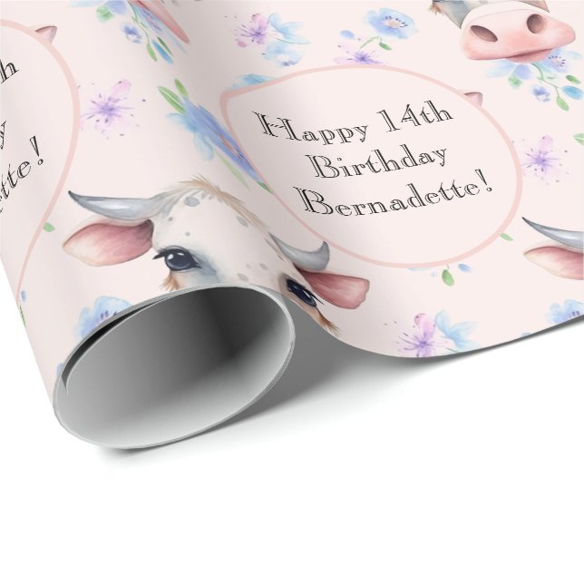 Papier Cadeau Aquarelle rose mignon Style Vache ferme animal tex (Coin rond)
