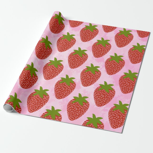 Papier Cadeau Aquarelle rose Motif de fraise moderne (Déroulé)
