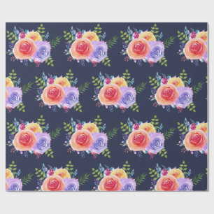 Papier Cadeau Aquarelle Rose motif floral sur bleu marine