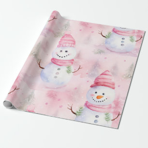 Papier Cadeau Aquarelle rose Noël Snowman