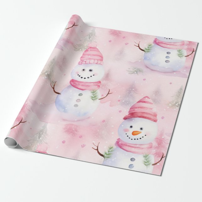 Papier Cadeau Aquarelle rose Noël Snowman (Déroulé)