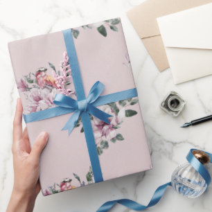 Papier Cadeau Aquarelle rose nuptiale et oiseaux sur rose