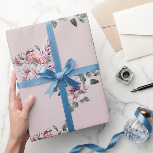 Papier Cadeau Aquarelle rose nuptiale et oiseaux sur rose (Cadeaux)