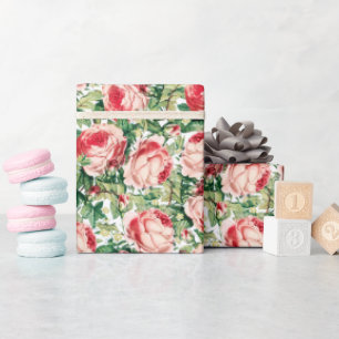 Papier Cadeau Aquarelle Rose & Rose Rouge Fleurs & Feuilles vert