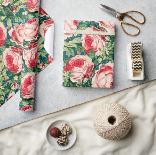Papier Cadeau Aquarelle Rose & Rose Rouge Fleurs & Feuilles vert