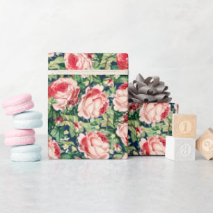 Papier Cadeau Aquarelle Rose & Rose Rouge Fleurs & Feuilles vert