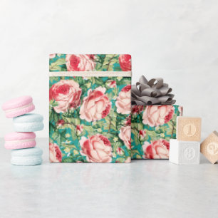 Papier Cadeau Aquarelle Rose & Rose Rouge Fleurs & Feuilles vert