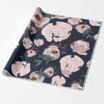 Papier Cadeau Aquarelle rose Roses Dark Navy Blue Floral Party<br><div class="desc">papier d'emballage</div>