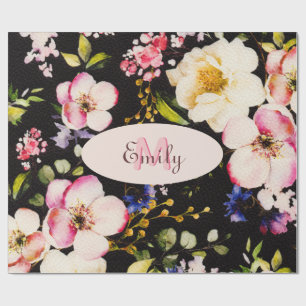 Papier Cadeau Aquarelle rose Roses jaunes sur noir, Monogramme