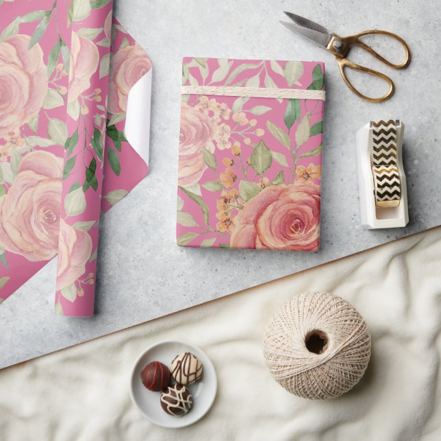 Papier Cadeau Aquarelle Roses Orange Clair Et Blush Douces (Artisanat)