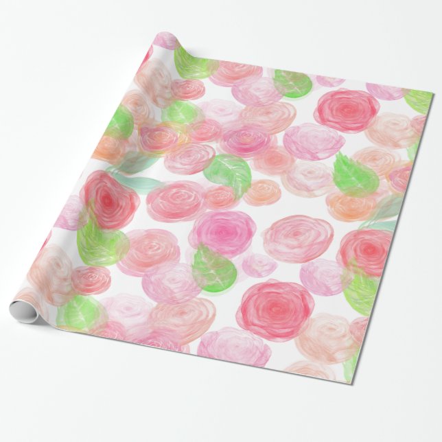 Papier Cadeau Aquarelle Roses roses (Déroulé)
