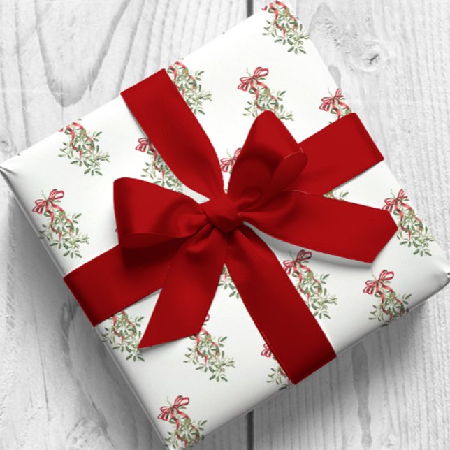 Papier Cadeau Aquarelle Rouge Bow Mistletoe Noël (Créateur téléchargé)