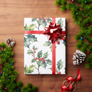 Papier Cadeau Aquarelle Rouge Holly Berry