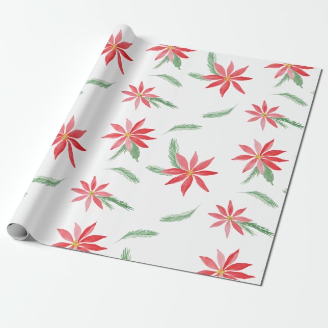 Papier Cadeau Aquarelle rouge poinsettia Motif répétitif (Déroulé)