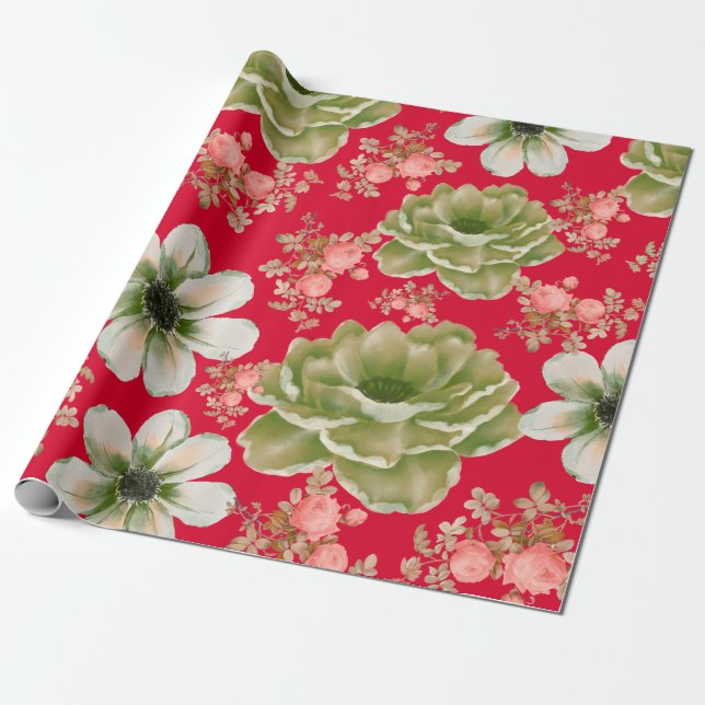 Papier Cadeau Aquarelle rouge vert Floral (Déroulé)