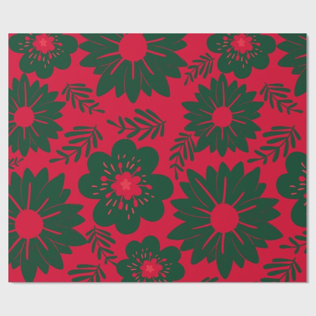 Papier Cadeau Aquarelle rouge vert Floral (Plat)