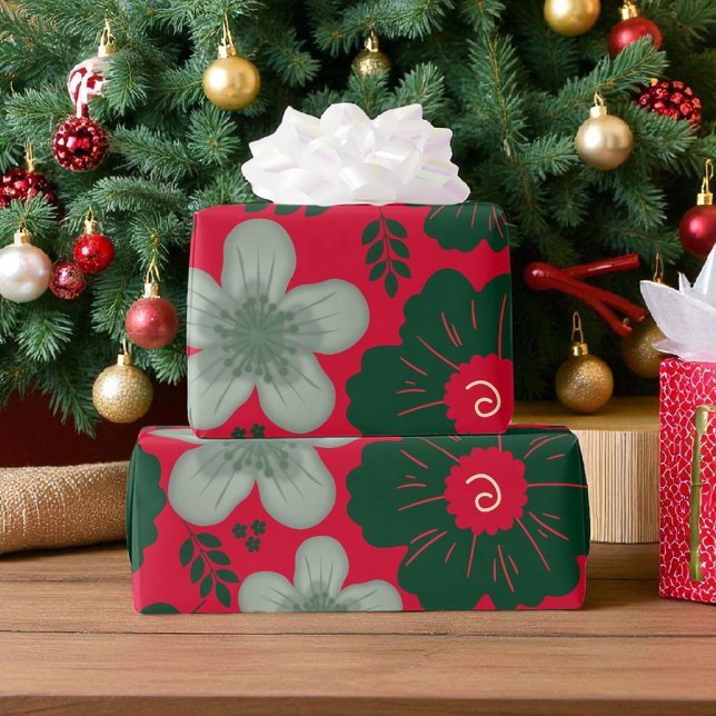 Papier Cadeau Aquarelle rouge vert Floral (Créateur téléchargé)