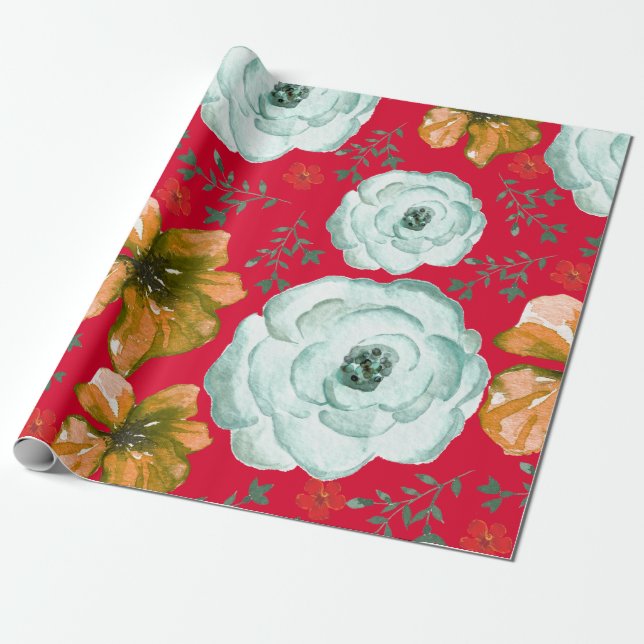 Papier Cadeau Aquarelle rouge vert Floral (Déroulé)