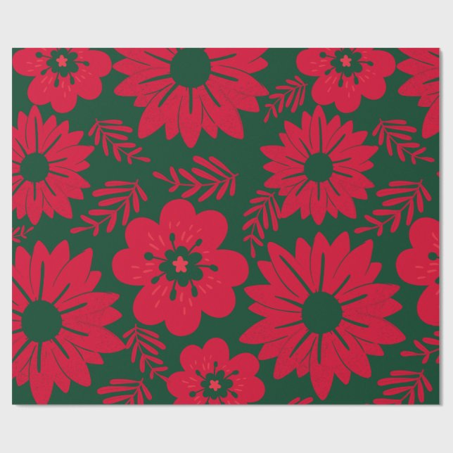 Papier Cadeau Aquarelle rouge verte Florale (Plat)