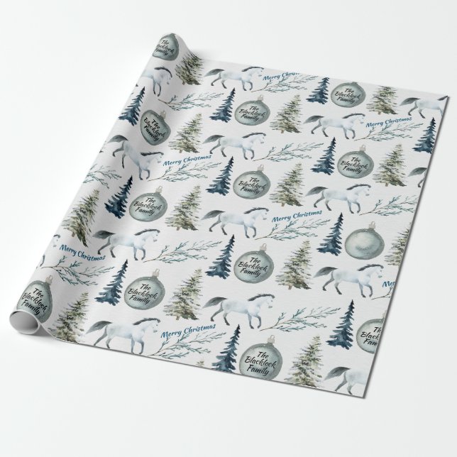 Papier Cadeau Aquarelle rustique Cheval d'hiver Nom personnalisé (Déroulé)