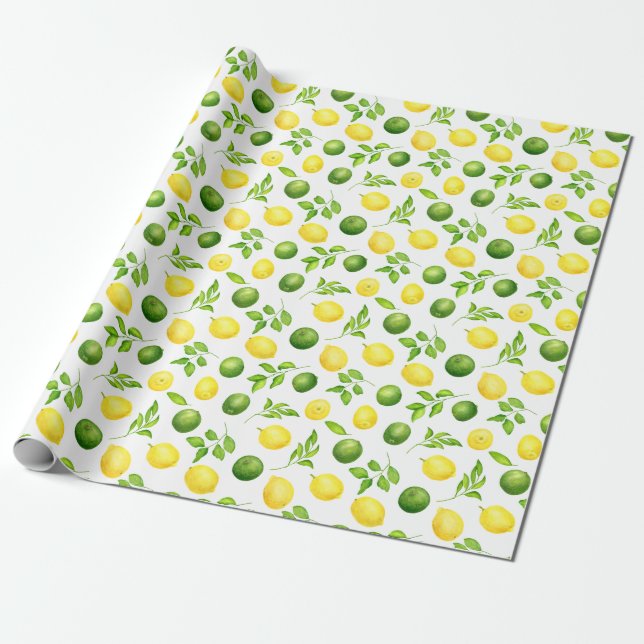 Papier Cadeau Aquarelle rustique Citrons Limes & Motif de verdur (Déroulé)