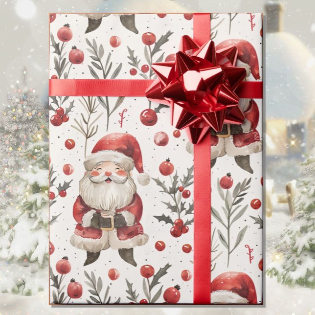 Papier Cadeau Aquarelle Santa Claus Country Cottage Noël (Créateur téléchargé)