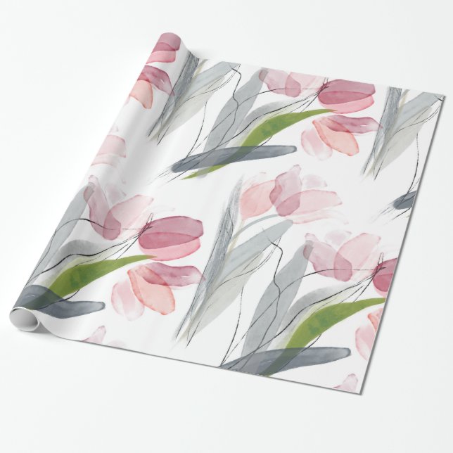 Papier Cadeau Aquarelle simple rose Tulipes de printemps vert (Déroulé)