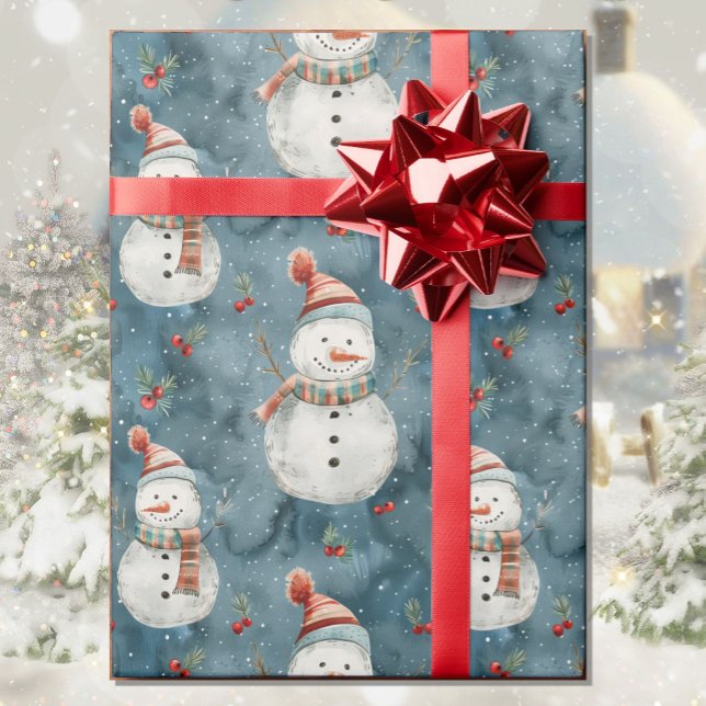 Papier Cadeau Aquarelle Snowman Noël Cottage Pays (Créateur téléchargé)