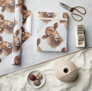 Papier Cadeau Aquarelle Style Brown Vache ferme animal