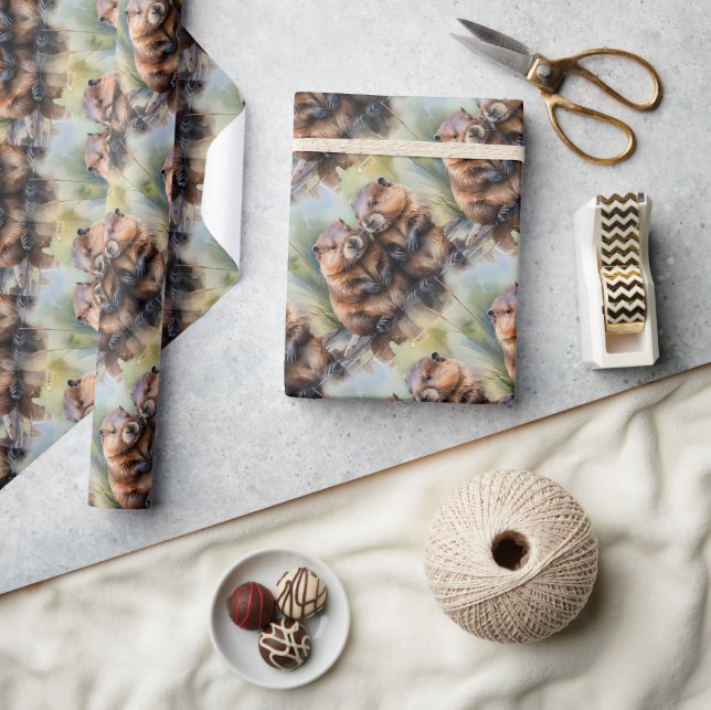 Papier Cadeau Aquarelle Style castor Couple Animal Motif Art (Artisanat)