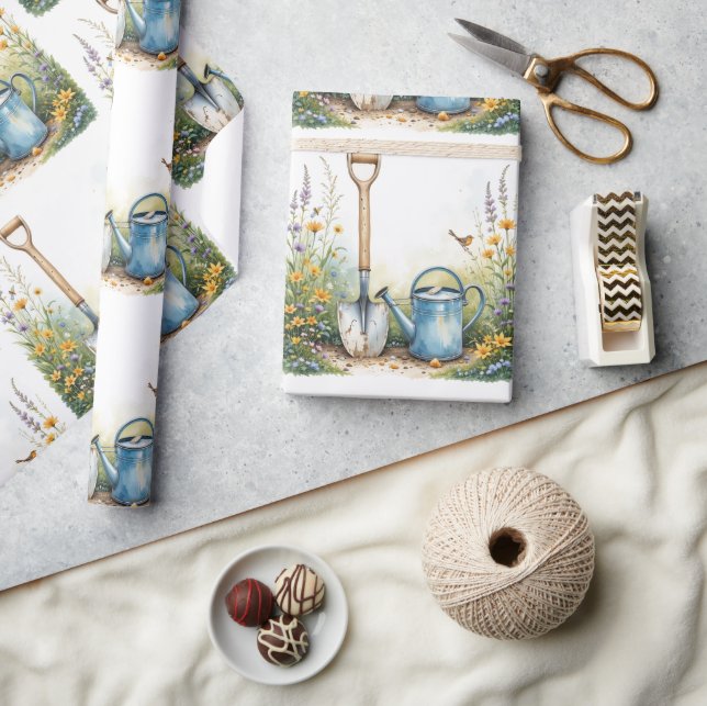 Papier Cadeau Aquarelle Style Garden Gardener outils (Artisanat)