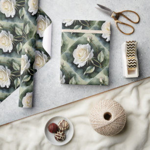 Papier Cadeau Aquarelle Style Vintage look Rose blanche Fleur