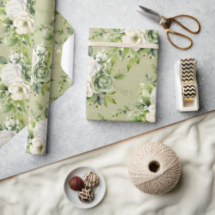 Papier Cadeau Aquarelle Style Vintage look Rose blanche Fleur