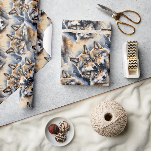 Papier Cadeau Aquarelle Style Wolf Wolf Animal Family Art (Artisanat)