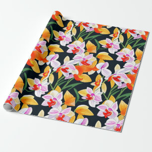 Papier Cadeau Aquarelle Tropical Orange Orchid Flora