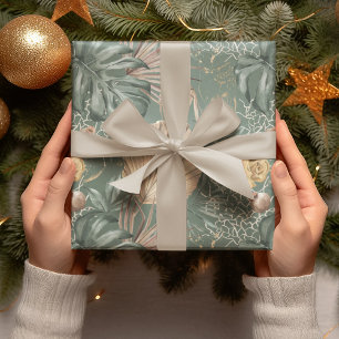 Papier Cadeau Aquarelle Tropicale Gold & Green Feuille Motif