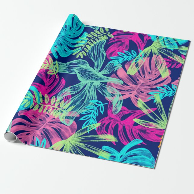Papier Cadeau Aquarelle tropicale Néon Feuille | (Déroulé)